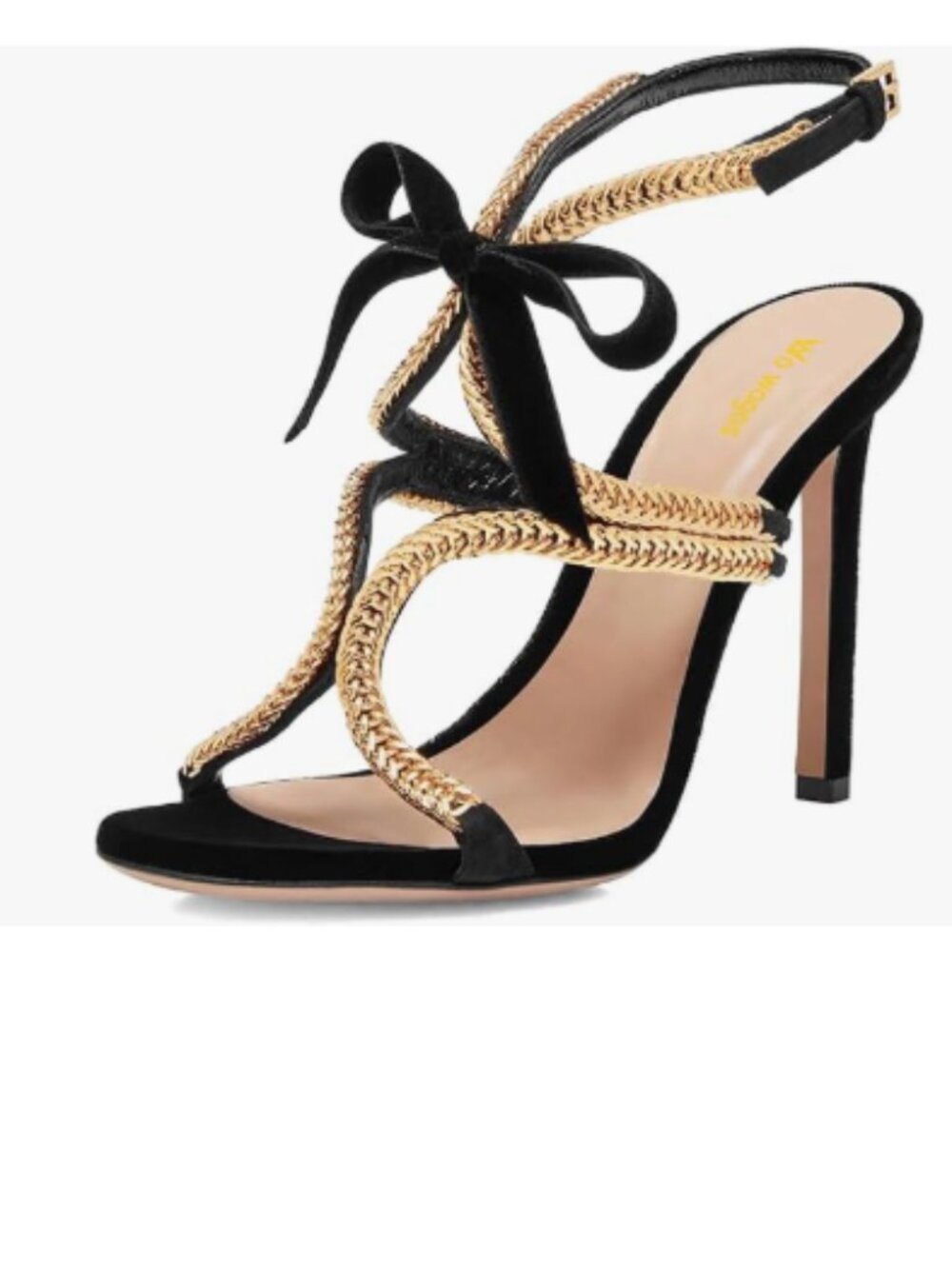 Wo Wagas Black Women's Ankle Strap Sandals Knot Stiletto Heels Metal Chain Shoes